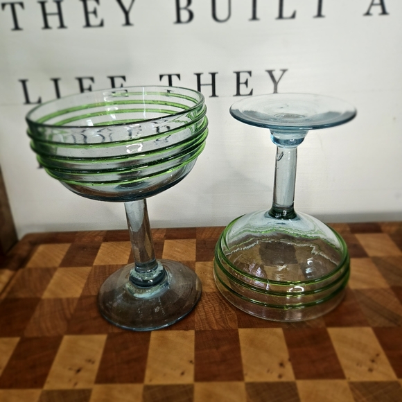 Handblown Blue & Green Swirl Margarita Glasses Set Of Two - Picture 11 of 11
